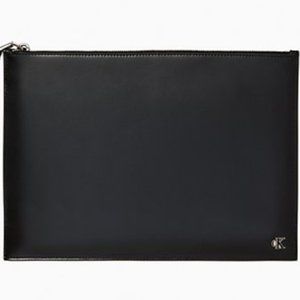 Calvin Klein black leather, monogram plaque, large travel pouch